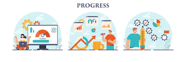 Conjunto de conceptos de progreso Desarrollo empresarial o personal Idea de finanzas