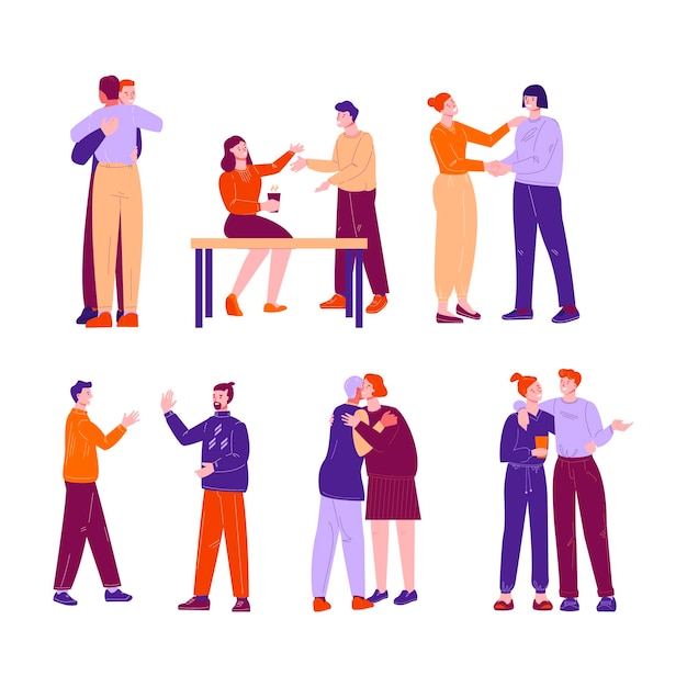 Conjunto de conceptos para reuniones informales de amigos y colegas. Abrazos mutuos, saludos.