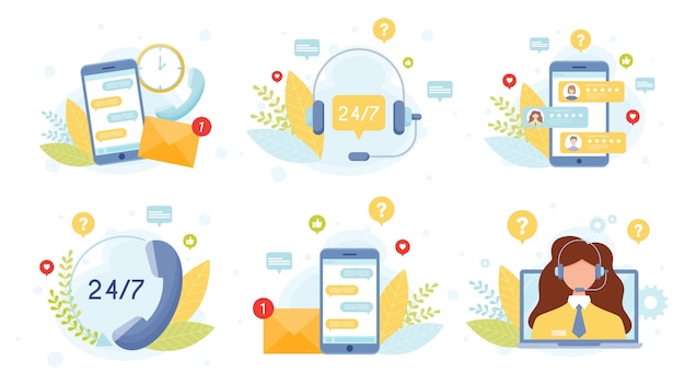 Conjunto de conceptos de servicio de atención al cliente Ilustración de vector de diseño plano