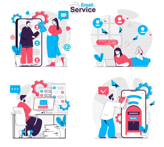 Conjunto de conceptos de servicio de correo electrónico Los usuarios se corresponden en chats que envían mensajes en aplicaciones
