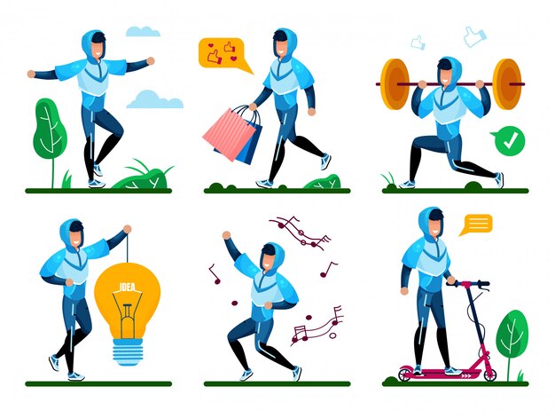 Conjunto de conceptos de Vector plano de vida activa de hombre moderno