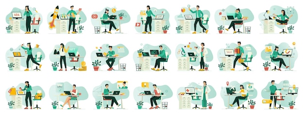 Conjunto de conceptos verdes con escena de personas en diseño plano de dibujos animados