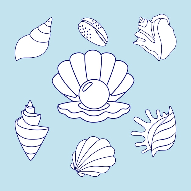 Conjunto de conchas y estrellas de mar sobre un fondo blanco estilo de dibujos animados plano