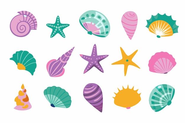 Conjunto de conchas marinas de colores moluscos caracoles marinos estrellas de mar ilustración plana sobre fondo blanco