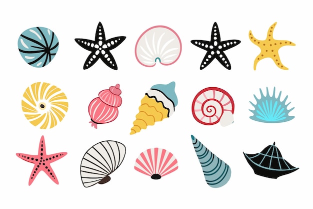 Conjunto de conchas marinas de colores moluscos caracoles marinos estrellas de mar ilustración plana sobre fondo blanco