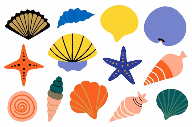 Conjunto de conchas marinas de colores moluscos caracoles marinos estrellas de mar ilustración plana sobre fondo blanco