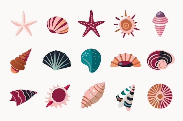 Conjunto de conchas marinas de colores moluscos caracoles marinos estrellas de mar ilustración plana sobre fondo blanco