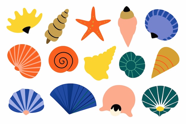 Conjunto de conchas marinas de colores moluscos caracoles marinos estrellas de mar ilustración plana sobre fondo blanco
