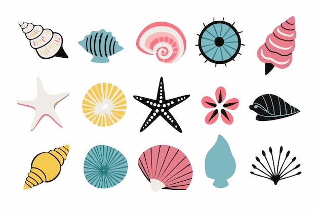 Conjunto de conchas marinas de colores moluscos caracoles marinos estrellas de mar ilustración plana sobre fondo blanco