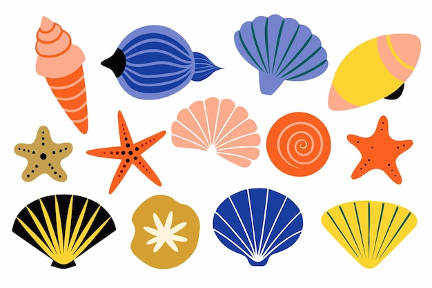 Conjunto de conchas marinas de colores moluscos caracoles marinos estrellas de mar ilustración plana sobre fondo blanco