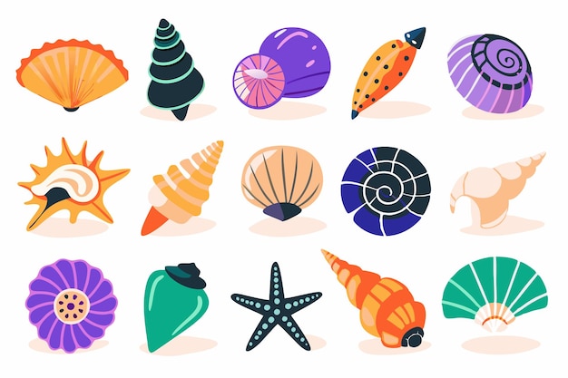 Conjunto de conchas marinas de colores moluscos caracoles marinos estrellas de mar ilustración plana sobre fondo blanco