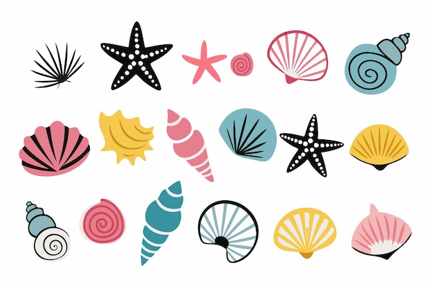 Conjunto de conchas marinas de colores moluscos caracoles marinos estrellas de mar ilustración plana sobre fondo blanco