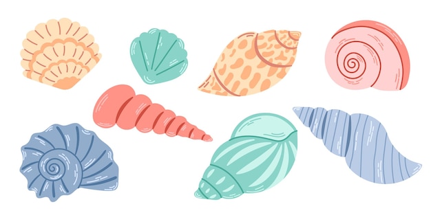 Conjunto de conchas marinas de colores moluscos vieiras Conchas submarinas de varias formas