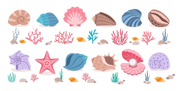 Conjunto de conchas marinas corales y plantas oceánicas en diseño plano Colección linda de criaturas marinas aisladas