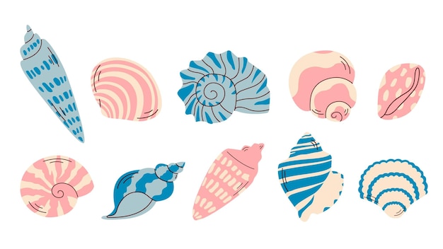Conjunto de conchas marinas en fondo blanco Océano exótico conchas submarinas Vacaciones