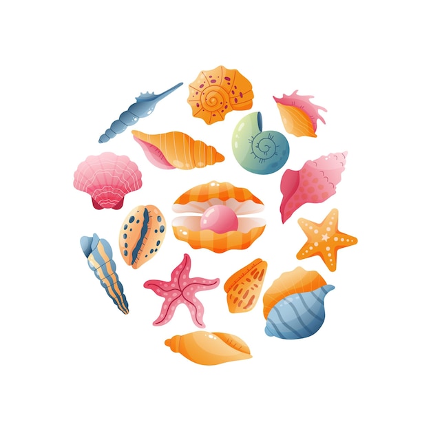 Conjunto de conchas marinas y oceánicas multicolores en forma de círculo