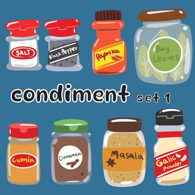 Vector conjunto de condimentos una variedad de especias y hierbas conjunto de condimentos en polvo de dibujo manual