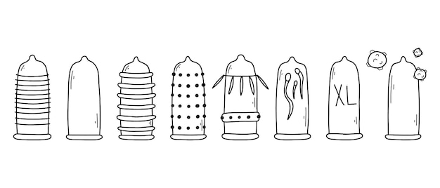 Conjunto de condones en estilo garabato Ilustración vectorial Colección de diferentes tipos de condones Estilo lineal Tipo de anticoncepción