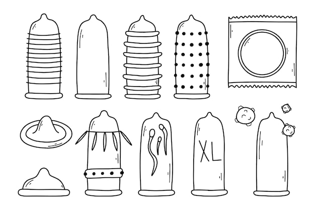 Conjunto de condones en estilo garabato Ilustración vectorial Colección de diferentes tipos de condones Estilo lineal Tipo de anticoncepción