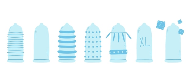 Conjunto de condones en estilo plano Ilustración vectorial Colección de diferentes tipos de condones Estilo dibujado a mano Tipo de anticoncepción