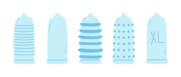 Conjunto de condones en estilo plano Ilustración vectorial Colección de diferentes tipos de condones Estilo dibujado a mano Tipo de anticoncepción