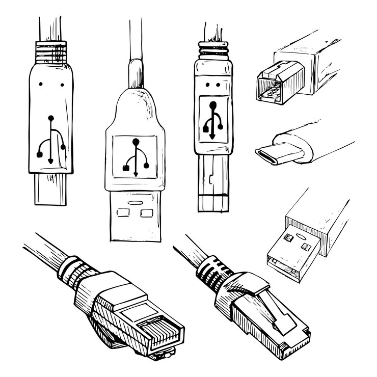 Vector conjunto de conector de datos enchufe diferentes tipos de usb y rj45 8p8c colección de ilustración vectorial en estilo boceto