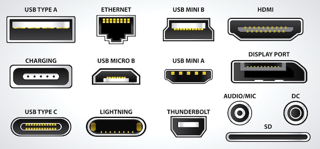 Conjunto de conectores de computadora o símbolos de conector universal usb o varios conectores de enchufe usb