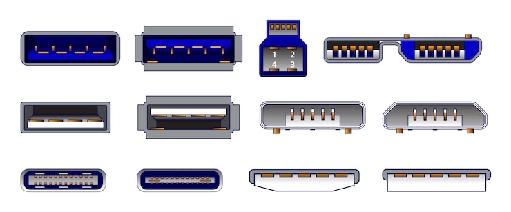 Vector conjunto de conectores de computadora o símbolos de conector universal usb o varios conectores mini usb