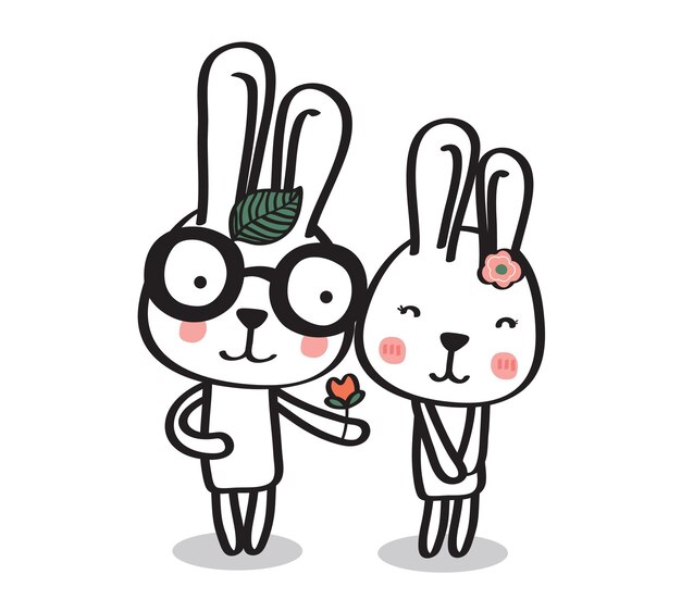 Conjunto de conejitos blancos dulces y lindos niño y niña colección vectorial de dibujos animados de conejos