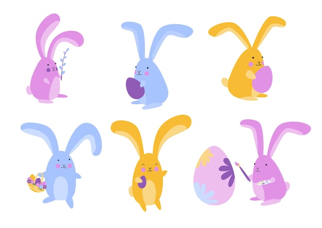 Conjunto de conejitos divertidos conejitos de pascua pintando huevos animales de dibujos animados divertidos