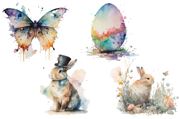 Conjunto de conejo en sombrero de copa conejo con flor mariposa huevo de pascua en estilo acuarela Ilustración vectorial aislada