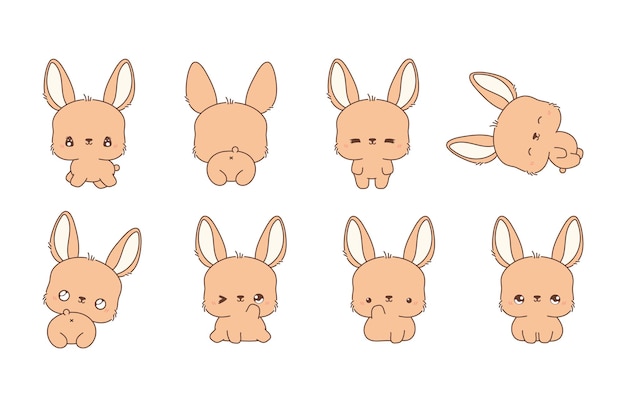 Conjunto de conejos aislados kawaii colección de ilustraciones vectoriales de dibujos animados de liebre para pegatinas bebé