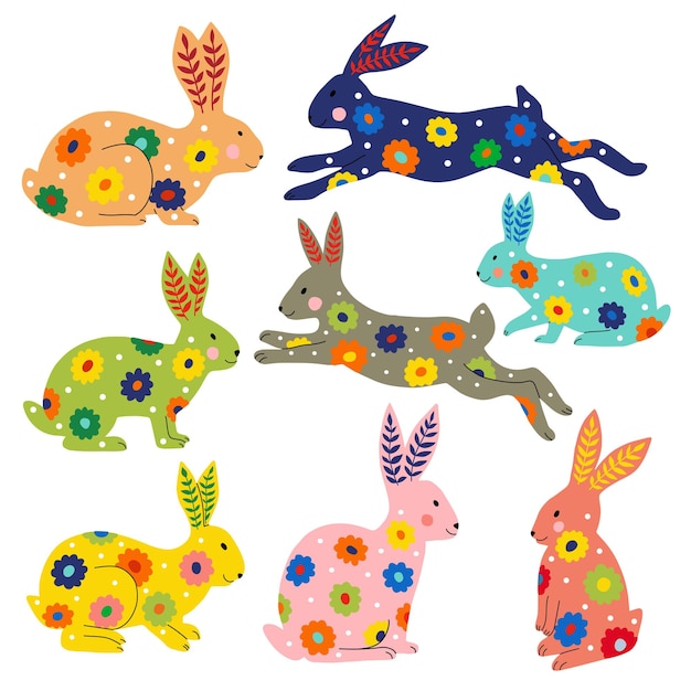 Conjunto de conejos de arte popular de colores vector ilustración plana elementos aislados sobre fondo blanco