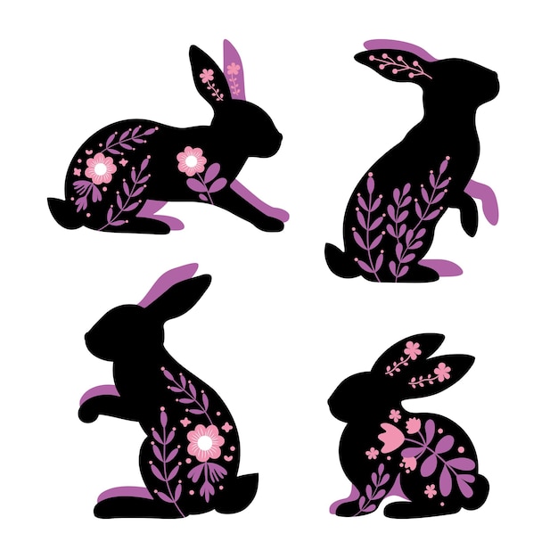 Conjunto de conejos de arte popular sobre fondo blanco Una ilustración vectorial decorativa en estilo folk y boho