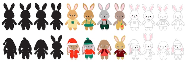 Conjunto de conejos de dibujos animados liebres en vector de estilo plano