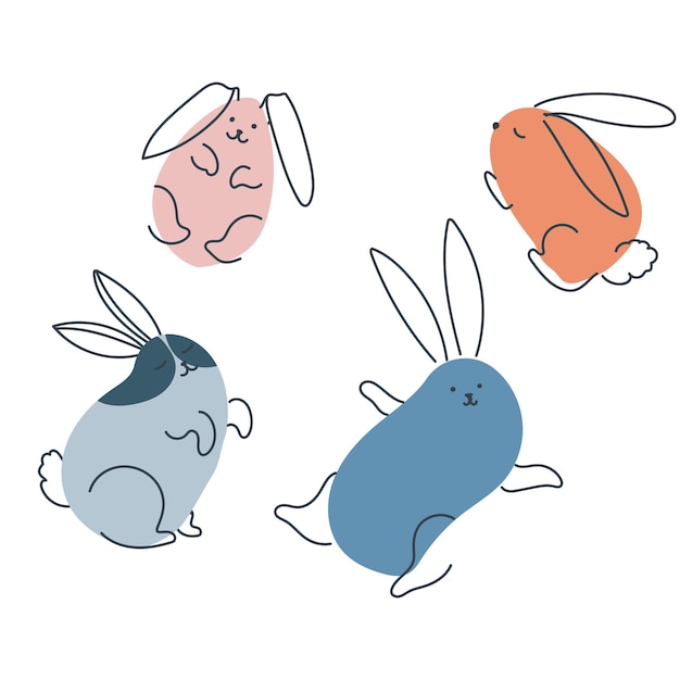 Conjunto de conejos divertidos en estilo doodle El conejo es un símbolo de 2023 Hare Vector gráficos aislados en fondo blanco
