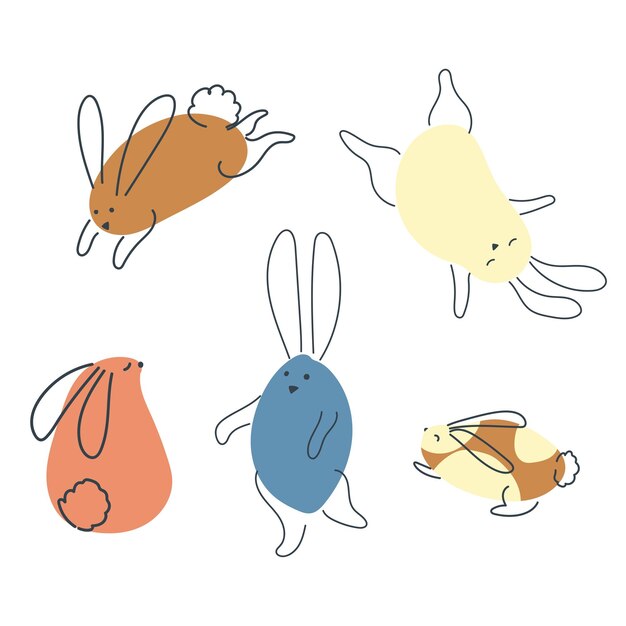 Conjunto de conejos divertidos en estilo doodle El conejo es un símbolo de 2023 Hare Vector gráficos aislados en fondo blanco