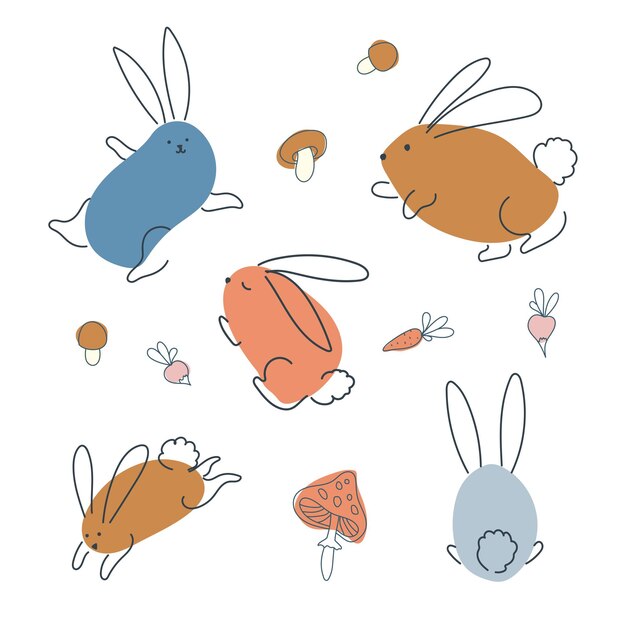 Conjunto de conejos divertidos en estilo doodle verduras de otoño El conejo es un símbolo de 2023 Hare gráficos vectoriales aislados sobre fondo blanco