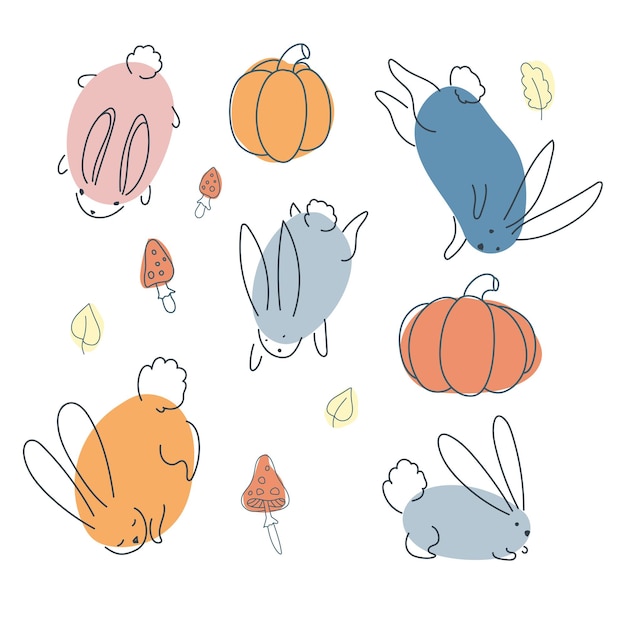 Conjunto de conejos divertidos en estilo doodle verduras de otoño El conejo es un símbolo de 2023 Hare gráficos vectoriales aislados sobre fondo blanco