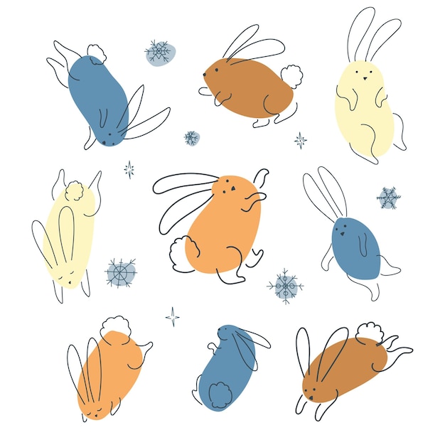 Conjunto de conejos divertidos en estilo doodle verduras de otoño El conejo es un símbolo de 2023 Hare gráficos vectoriales aislados sobre fondo blanco