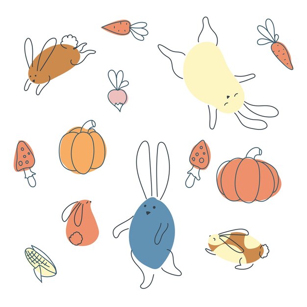 Conjunto de conejos divertidos en estilo doodle verduras de otoño El conejo es un símbolo de 2023 Hare gráficos vectoriales aislados sobre fondo blanco