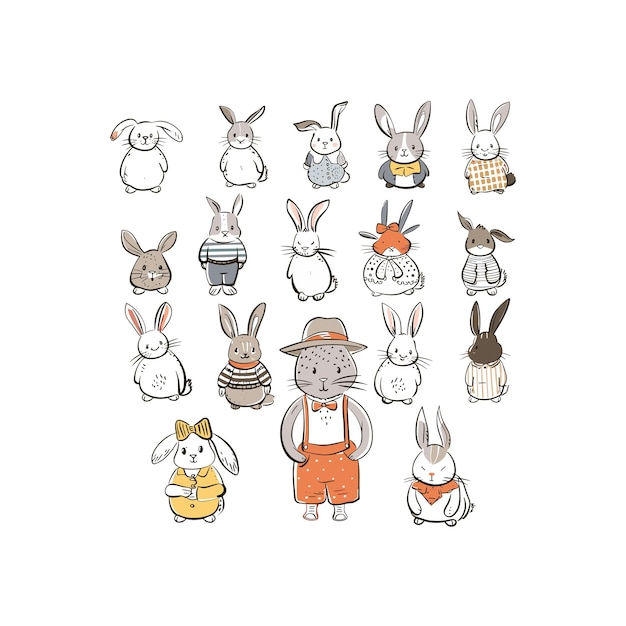 Conjunto de conejos divertidos con varias ropas cutedoodles diseño ilustración vectorial