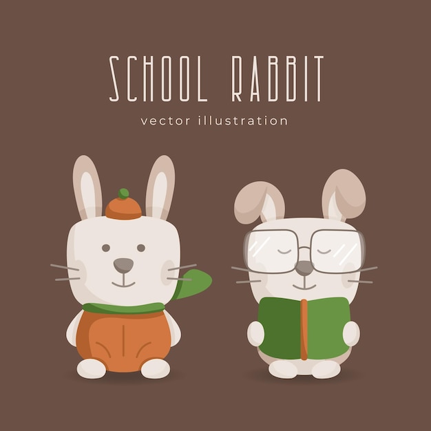 Vector conjunto de conejos, ilustración escolar con lindos animales sosteniendo un libro