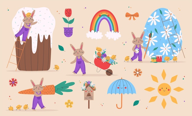 Conjunto de conejos lindos para el día de Pascua Ilustración vectorial para el conejo de Pascua con huevo navideño y carretilla de pastel con flores