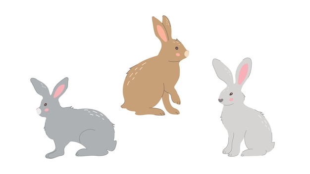 Conjunto de conejos lindos en estilo plano conejos dibujados en diferentes poses animales de granja agricultura vector