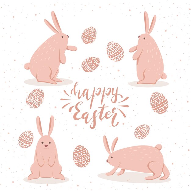 Conjunto de conejos de Pascua rosa con huevos sobre fondo blanco, ilustración.