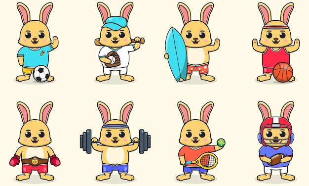 Vector conjunto de conejos con uniforme y usando equipo deportivo