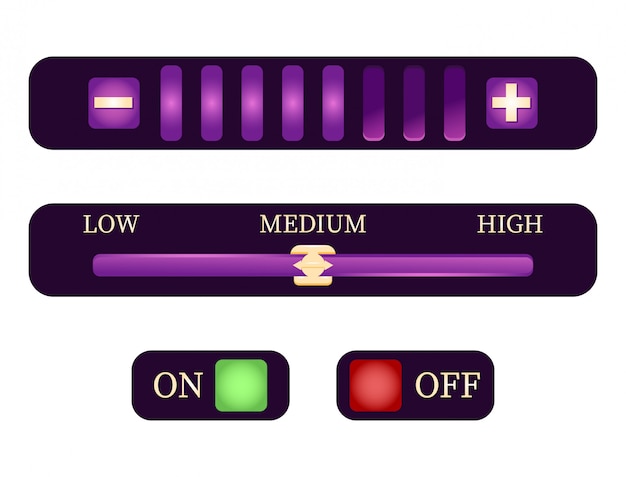 Conjunto de configuraciones de control y botón de encendido y apagado para elementos de la interfaz de usuario del juego