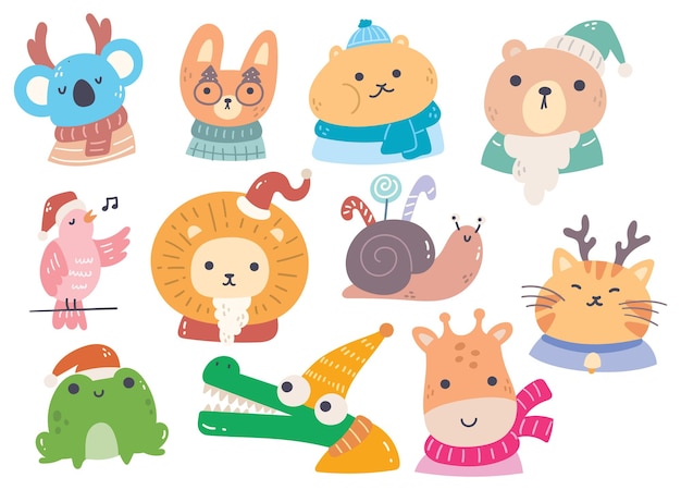conjunto, de, conjunto, de, caricatura, navidad, animal, vector, imágenesprediseñadas