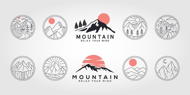 Vector conjunto de conjunto de diseño de ilustración de vector de arte de línea de logotipo de montañas diseño de logotipo de arte de línea de naturaleza